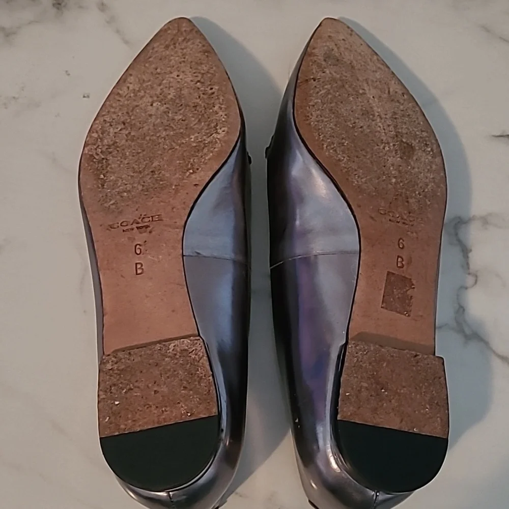 Coach Walsh Silver Metallic Mirror Leather Black Suede Pointed Toe Flats Shoes 6
